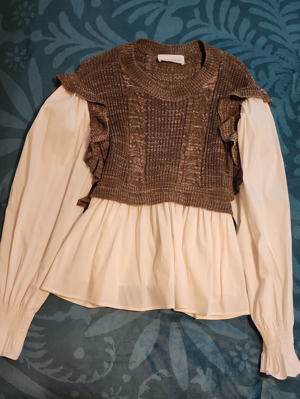 Self Contrast Twofer Layered Ruffle Knit Crop Sweater Top in Army Green/Brown/Wh